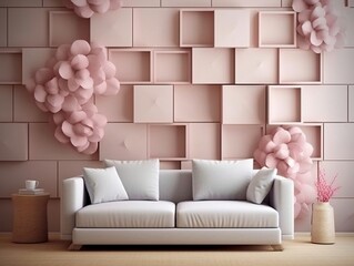 Beautiful Modern Mural Painting Wall art Decor in Living Room with square and flower generative ai