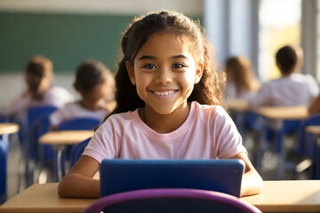 nina en educación primaria en el aula sonriendo en clases de computación con una tablet 