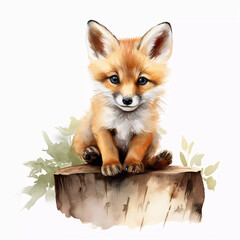 cute baby fox in watercolor style