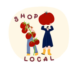 Group of female farmers with harvested vegetables. Flat vector illustration of two women holding an oversized cherry and beefsteak tomatoes and text “shop local”. People selling healthy organic plants