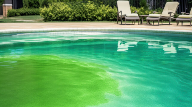 Close up of green pool water caused by presence of algae