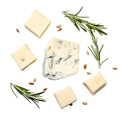 Top view of diced Blue cheese with rosemary on a transparent backround.