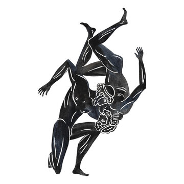 recommend clip art: Ancient Greek Olympic athletes wrestlers. Black and white silhouette. Ancient Greek art. Vase painting style. Watercolor hand drawn illustration isolate. For the design of banners, prints and textile.