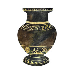 Antique Greek amphora, vase with patterns, ornaments. Ancient decorative pots, isolated. Clay jugs, ceramic dishes. Hand drawn watercolor illustration. For the design of postcards, banners, packaging.