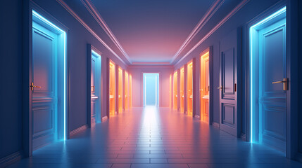 Door, passage, portal - neon colors, geometric shapes, lasers, light, clouds – To have a choice - created with Generative AI technology