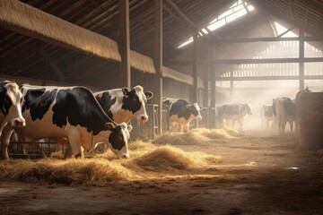 Cows grazing in a barn