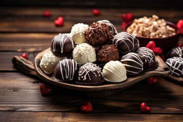 Dark, milk and white chocolate candies / pralines / truffles, assorted on wooden table. Dessert for Valentine's Day. - obrazy, fototapety, plakaty