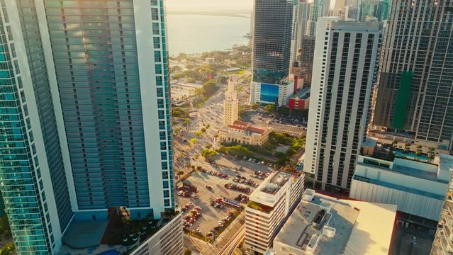 Drone footage of Miami downtown skyline at sunrise
