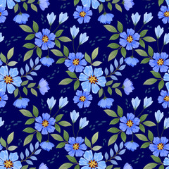 Beautiful blooming flowers design on blue color background seamless pattern. Can be used for fabric textile wallpaper.