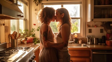 Lesbian couple kissing in the kitchen - obrazy, fototapety, plakaty