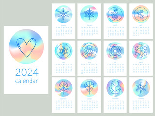 2023 Monthly Calendar. Holographic Rainbow Cards with Snowflakes, Flowers and Leaves