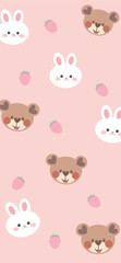 Fototapeta na wymiar Strawberry bear rabbit Pattern, Pink seamless strawberry, Strawberry pink Backgrounds, Strawberry Wallpaper Love Cards Vector Stock Vector Illustration.