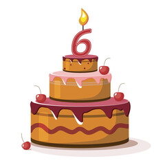 Six year anniversary. Vector birthday cake. Holiday cake with candle.Big cherry cake on white background. Six year old baby.