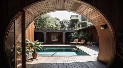 Fototapeta premium Serene modern House Villa with Pool with Wooden Patio and Pool, Generative AI