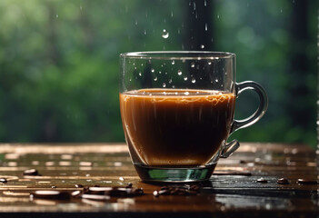 Cup of Coffee, Rain on Table, View of Winter Day behind the Forest, Winteral Wallpaper, Generative Ai