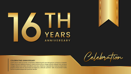 16th anniversary template design in gold color isolated on a black and gold background, vector template