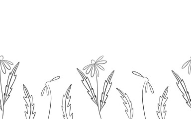 Beautiful black chamomile flowers isolated on white background. Cute floral seamless ink pattern. Vector flat graphic hand drawn illustration. The isolated object on a white background.