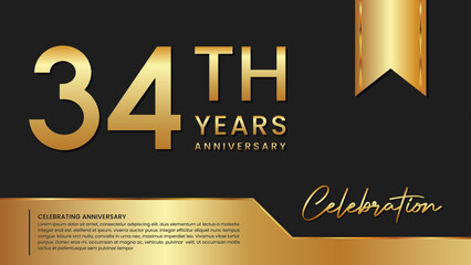 34th anniversary template design in gold color isolated on a black and gold background, vector template