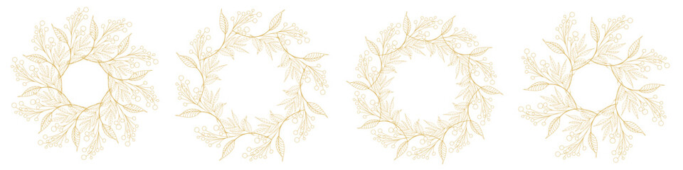 Luxury botanical gold wedding frame elements on white background. Set of circle shapes, glitters, eucalyptus leaves, leaf branches. Elegant foliage design for wedding, card, invitation, greeting