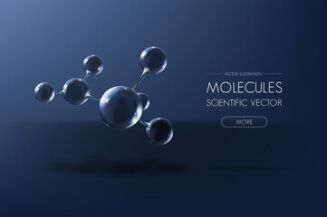 Glass molecule atom model poster. Reflective and refractive abstract molecular shape. vector illustration