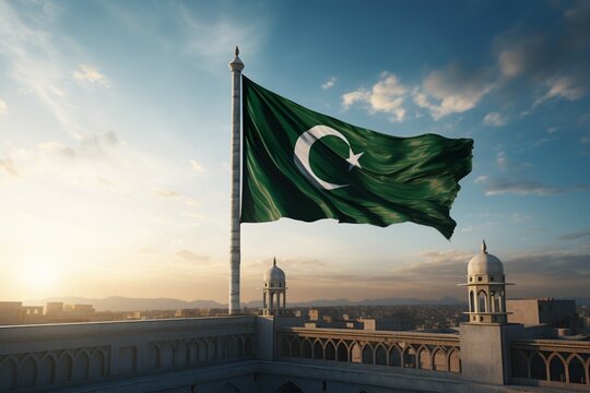 Pakistani flag waving in sky