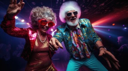 glamorous  elderly couple in disco style 