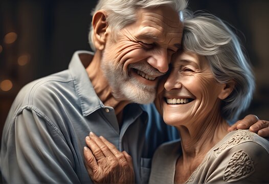 Älteres Ehepaar - glücklich umarmt - KI generierte Illustration - fotorealistisch