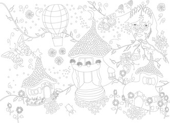 Fairy tale collage for coloring. Children's illustration