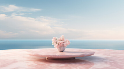 pink flowers in vase on pink oval marble table on terace with a view of the sea