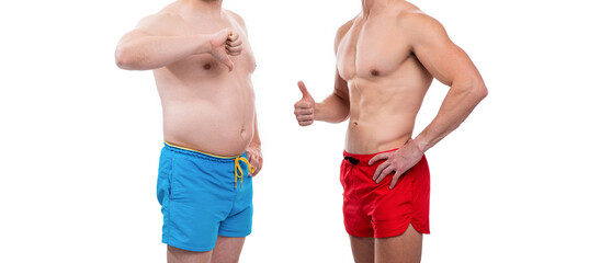 before obesity after slimming of men in studio, thumb up and down. cropped view of men