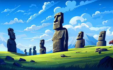 Illustration of the beautiful view of the huge statues on Easter Island, Chile