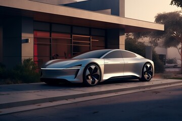 Obraz na płótnie Canvas Silver luxury sport electric car outside modern house Generative AI