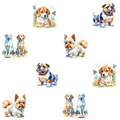 watercolor tiled pattern with cute dogs on the white background. Puppies illustration for kids, generative art.