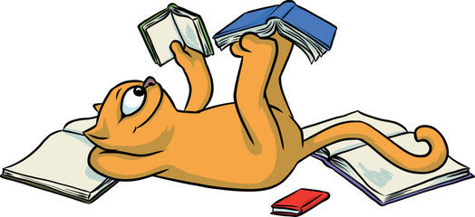 Cartoon: niedliche Katze, die gemütlich lesend da liegt mit Geschichten und Büchern für mehr Wissen und Bildung