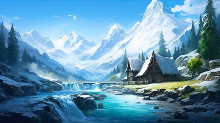 Icy Mountain Cottage by the River. Snowy Landscape with Majestic Mountain, Sky, and Water Surrounding the Cottage - Generative AI Desktop Background. Generative AI