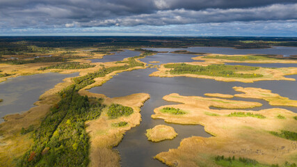 Aerial view of marshlands in beautiful natural light during an overcast day