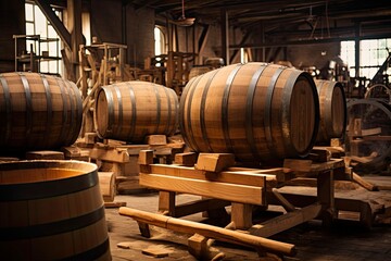 Inside a Cooperage: Master Cooper Crafting Wine Barrels from Wooden Billets on Factory Conveyer: Generative AI - obrazy, fototapety, plakaty