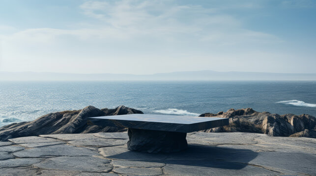 black squared rock table on rocky terace with a view of the sea