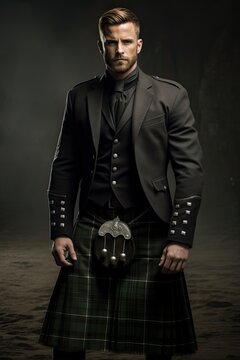 Scottish Macho Man in Kilt. Displaying Beauty and Health with Muscular Body. Generative AI