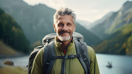 Happy older man standing in nature park enjoying natural park landscape. Smiling mature active traveler exploring camping tourism nature lake and mountains travel journey feeling freedom. generative A