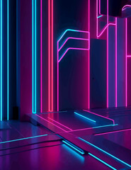 3d render abstrack minimal neon backround pink blue neon lines going up