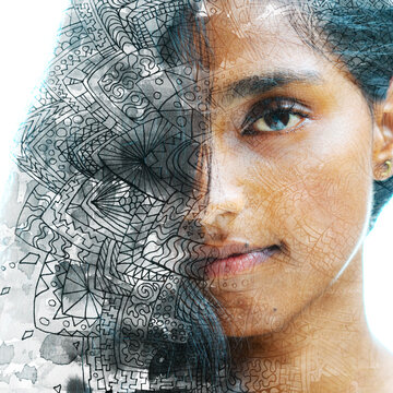 A paintography portrait of a young woman gazing into the camera