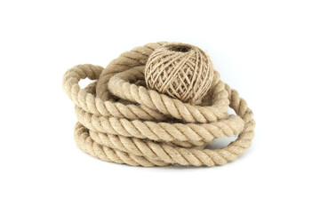 Thick strong jute rope and twine spool on white