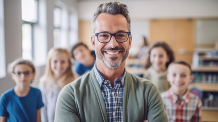 Male teacher smiling in school class room with students in the background