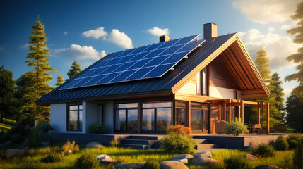 Fototapeta na wymiar Eco-Friendly Living: Solar Panels on the House Roof