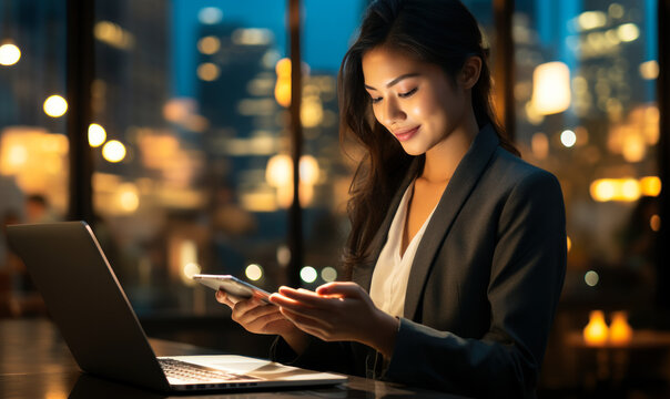Young happy busy Asian business woman executive using laptop mobile cell phone tech at night in dark office. Professional businesswoman holding smartphone, working on cellphone