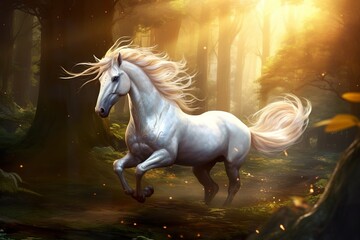 In a mysterious forest, there is a shining unicorn with a shining gem on its horn fantasy photo
