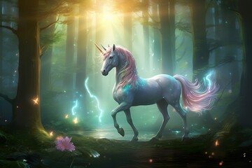 In a mysterious forest, there is a shining unicorn with a shining gem on its horn fantasy photo