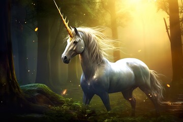 Obraz na płótnie Canvas In a mysterious forest, there is a shining unicorn with a shining gem on its horn fantasy photo