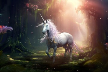 Fototapeta na wymiar In a mysterious forest, there is a shining unicorn with a shining gem on its horn fantasy photo